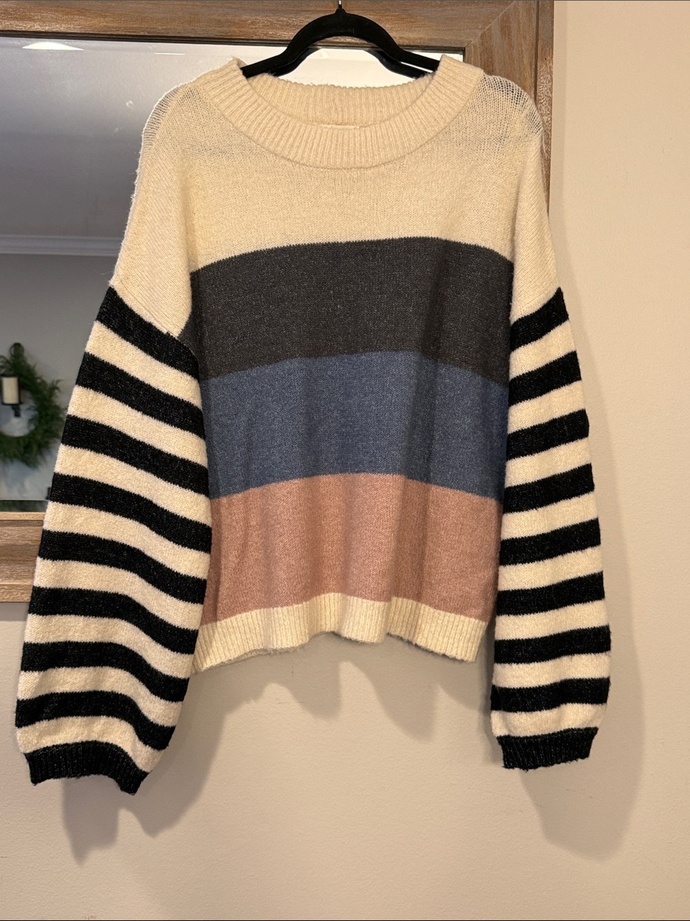 Striped Sleeve Colorblock Crewneck Sweater - Cream, Black, Gray, Blue, Pink